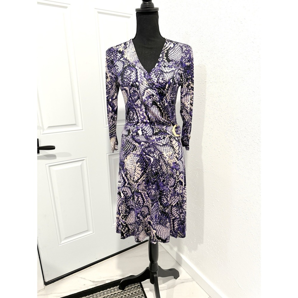 Cache Purple Snake Print Wrap Dress Size M Gold Buckle Animal‎ Print Y2K